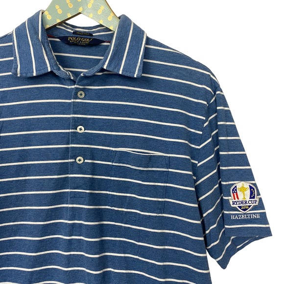 Polo Golf Ralph Lauren Shirt Mens Medium Vintage Lisle Striped Blue Ryder Cup - Picture 1 of 13